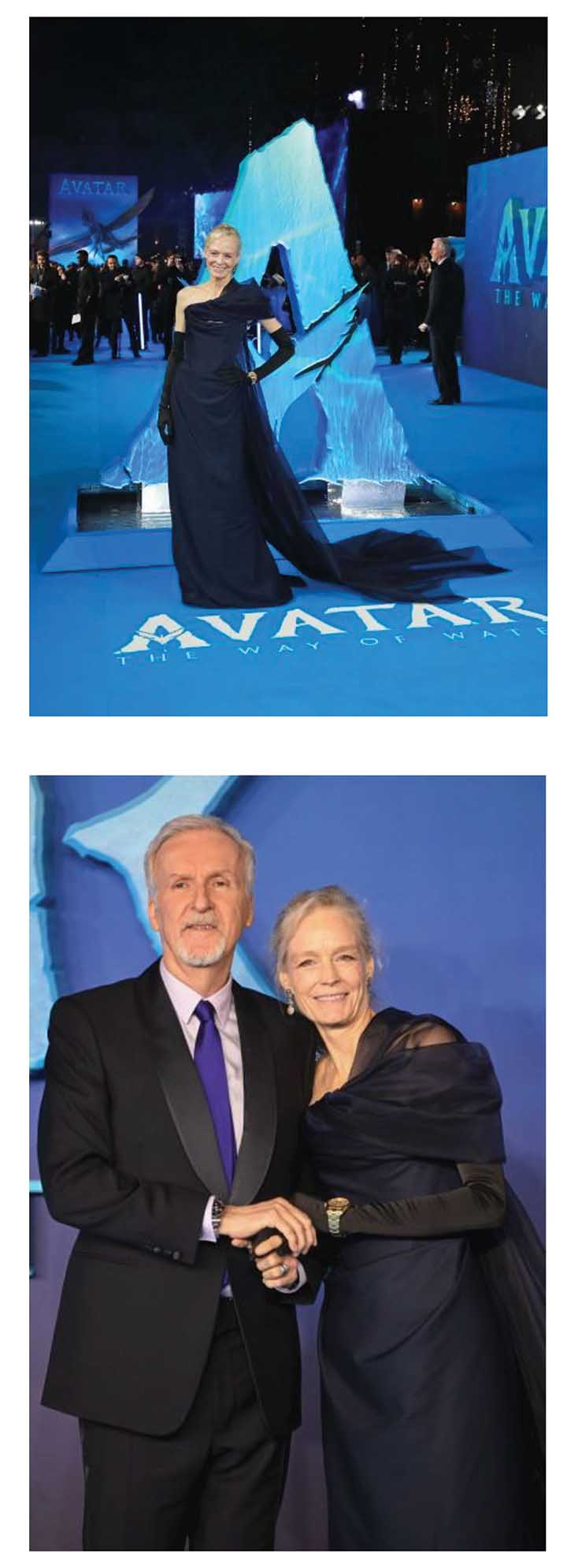Hollywood power couple James Cameron (left) and Suzy Amis Cameron (right) in bespoke looks by Huntsman and Vivienne Westwood made of TENCEL™ branded lyocell fibers at the London premiere of AVATAR: The Way of Water. Suzy Amis Cameron’s dress is made of fabric with 58% TENCEL™ Lyocell and 42% Acetate.James Cameron’s suit is fabric made of 100% TENCEL™ Lyocell. Getty Images/ RCGD Global