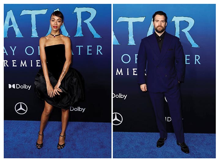 Zoe Saldaña (left) and Henry Cavill (right) on the red carpet at AVATAR: The Way of Water premiere in Los Angeles wearing custom items by Tyler Ellis (clutch bag made with TENCEL™) and Huntsman (suit fabric made of 58% TENCEL™ Lyocell and 42% Acetate) featuring fabric made of sustainable fibers. Getty Images/ RCGD Global