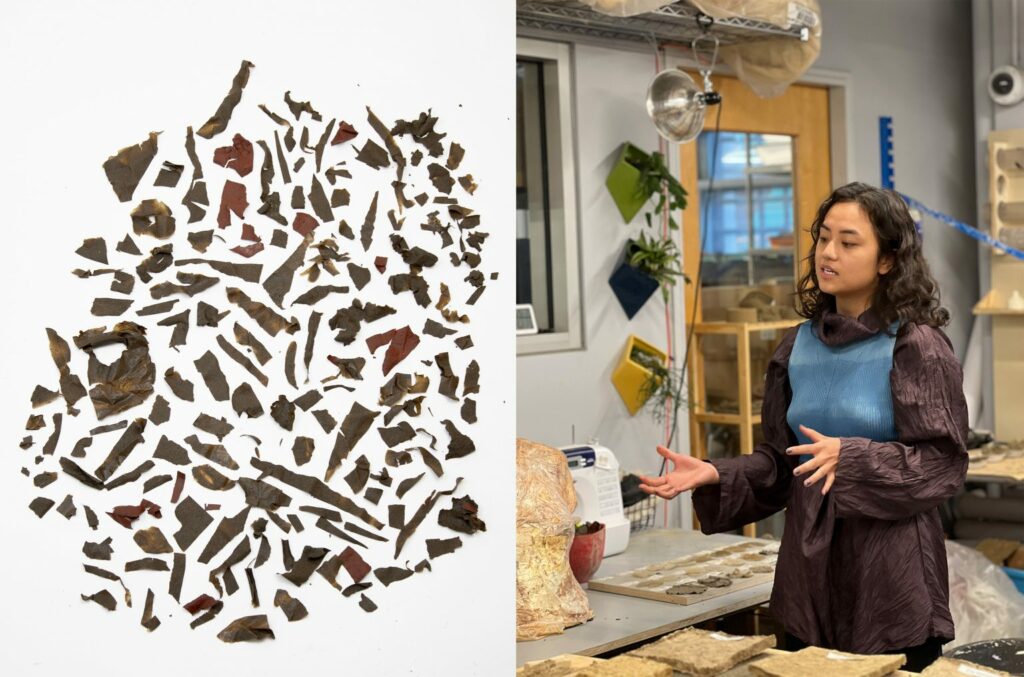 Scraps of BioEarth fabric, which is comprised of over 60% soil, made by Penmai Chongtoua (right) and Professor Lola Ben-Alon of the Natural Materials Lab at Columbia’s Graduate School of Architecture, Preservation, and Planning. Photos courtesy of Natural Materials Lab