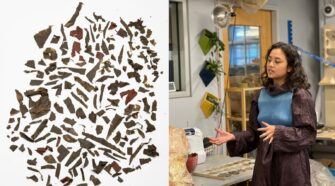 Scraps of BioEarth fabric, which is comprised of over 60% soil, made by Penmai Chongtoua (right) and Professor Lola Ben-Alon of the Natural Materials Lab at Columbia’s Graduate School of Architecture, Preservation, and Planning. Photos courtesy of Natural Materials Lab
