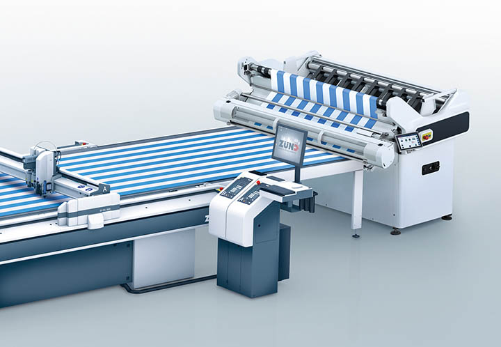 Zünd cutting system configured for textile cutting, pattern-matching, automatic nesting, and projection-assisted picking & sorting.
