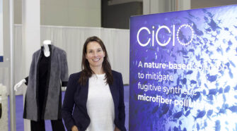 Andrea Ferris at the CiCLO® exhibit booth at Techtextile North America 2023. Inset: CiCLO® fibers. Photo courtesy Caryn Smith