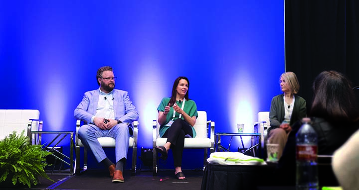 Harrie Schoots, Andrea Ferris and Sonja Salmon, Ph.D. engage in a discussion on innovative fiber solutions for a circular economy. Photo courtesy Caryn Smith