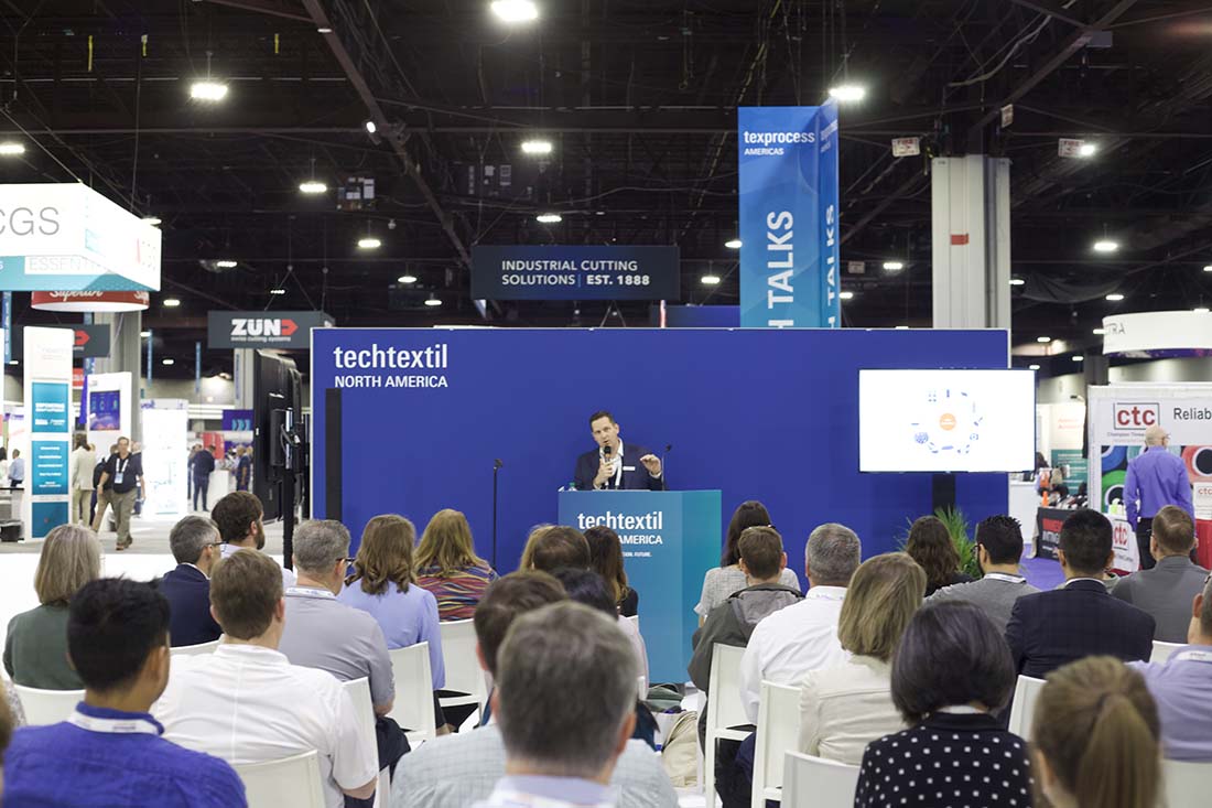 The Techtextil Symposium was well-attended, highlighting functional fabrics, circular economy, medical textiles, aerospace and defense applications and nonwovens. Photo courtesy Caryn Smith