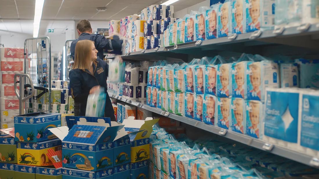 Drylock’s fluffless diapers reduced shelf space requirement in stores. Photo courtesy of Drylock Technologies