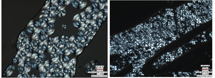Figure 2. Polarized optical microscopy images (left) PLA, (right) modified PLA.