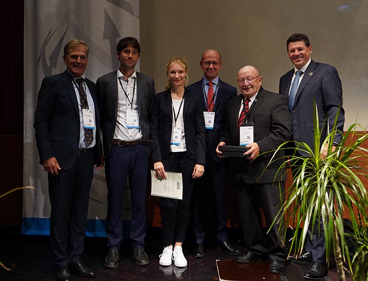 Left to right: Friedrich Weninger, Dornbirn GFC organizer; Paul Schlack/ Wilhelm Albrecht prize winners Robert Tonndorf, Technische Universität Dresden, and Leonie Reinders, DITF Denkendorf; Frédéric Van Houte, director general of CIRFS; Dornbirn GFC lifetime achievement award winner Professor Hilmar Fuchs, Saxon Textile Research Institute; and Robert van de Kerkhof, president of the Austrian Fibers Institute and president of CIRFS. Photo courtesy Dornbirn GFC