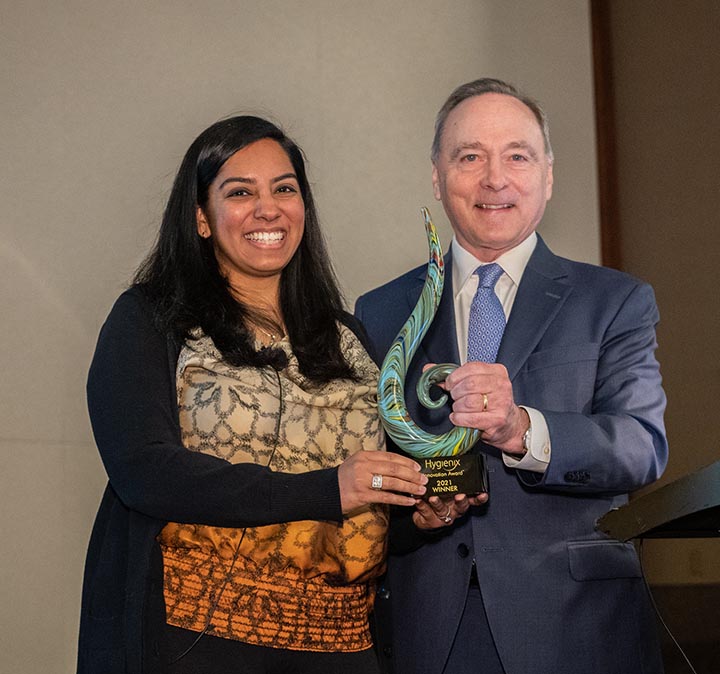 Hygienix Innnovation Award Winner 2021, Amrita Saigal and INDA's Dave Rousse.