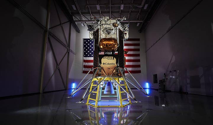 Intuitive Machine’s Nova-C lunar lander protected by a blanket of Columbia Sportswear’s Omni-heat Infinity technology. The lander is 14 feet tall (4.3 meters), 5 feet (1.6 meters) across its hexagonal-shaped hull and weighs 1,488 pounds (675 kilograms). Photo courtesy of Intuitive Machines