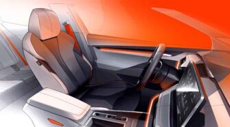 The interior of the Škoda Elroq features seats and upholstery fabric made from recycled PET bottles and recycled post-consumer clothing. Photo courtesy of Škoda