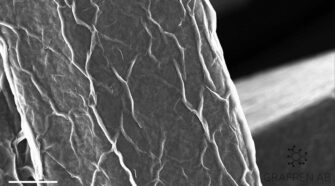 Scanning electron microscopy image of a graphene-coated individual fiber in an electrically conductive fabric. Photo courtesy of Grafren