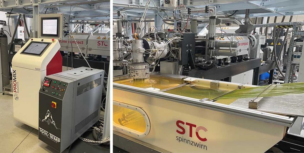 Fiber extrusion line from STC Spinnzwirn with Promix Microcell technology for more voluminous artificial grass filaments. Photos courtesy of STC Spinnzwirn GmbH/Promix Solutions AG