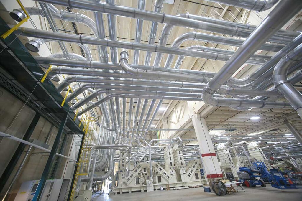 Panda Biotech's Panda Hemp Gin in Wichita Falls, Texas, features three miles of overhead pneumatic ducting.