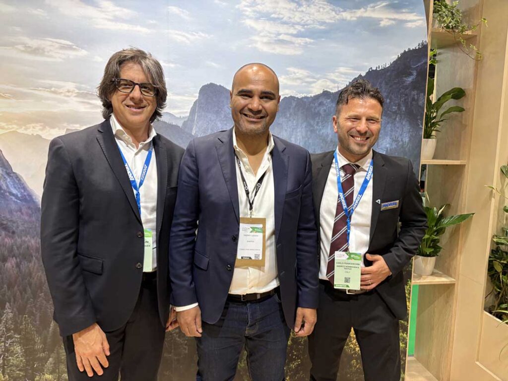 Sanitex is establishing a new diaper plant in Kinshasa, DR Congo. Pictured in Geneva are (left to right): Ettore Paolini, Andritz Nonwoven vice-president, Sanitex managing partner Thierry Lasoen and Andritz area sales manager Carlo Franceschini. Photo courtesy of A.Wilson