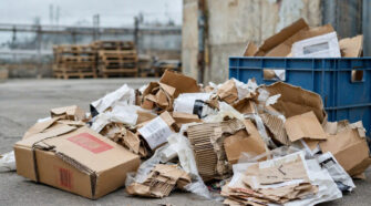 Paper waste from packaging. AI generated