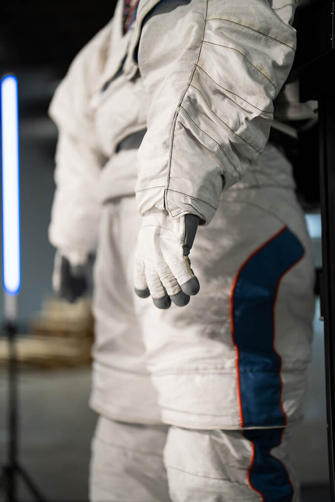 Axion Extravehicular Mobility Unit (AxEMU) spacesuit prototype showing the white outer layer. Axion Space Systems will work with Prada’s engineers throughout the design process to develop solutions for material and design features to protect against the unique challenges of space and the lunar surface. Photo courtesy Axiom Space
