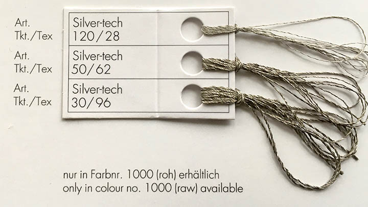 Silver-tech (left/top) and Silver-tech + right/bottom) conductive threads from Amann used for applications including textile electrodes as sensors and actuators. Photo courtesy Marie O'Mahoney