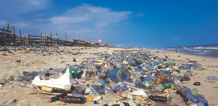 Plastic pollution on a beach in Ghana